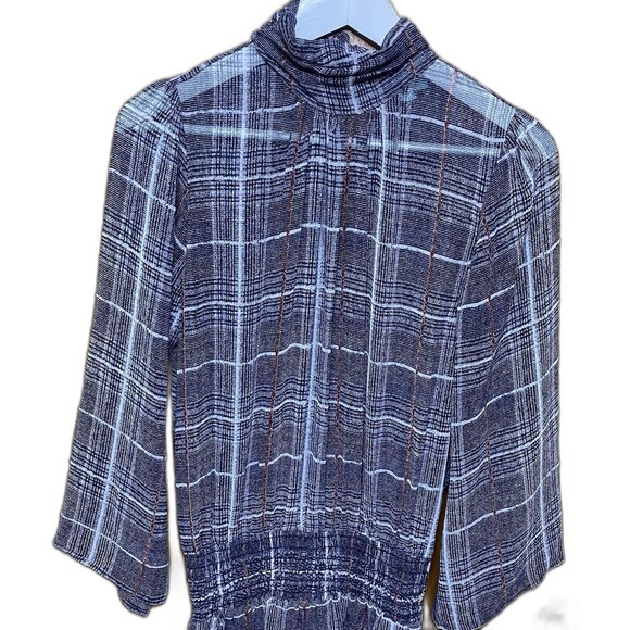 VERONICA M Mini Dress Sheer Plaid High Neck Smocked Bell Sleeves Womens S Black - Picture 2 of 11